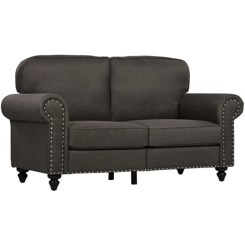HOMCOM Mid Century Modern Loveseat Sofa, 2 Seater Small Couch with Nailhead Trim, for Living Room, Bedroom, Dark Brown