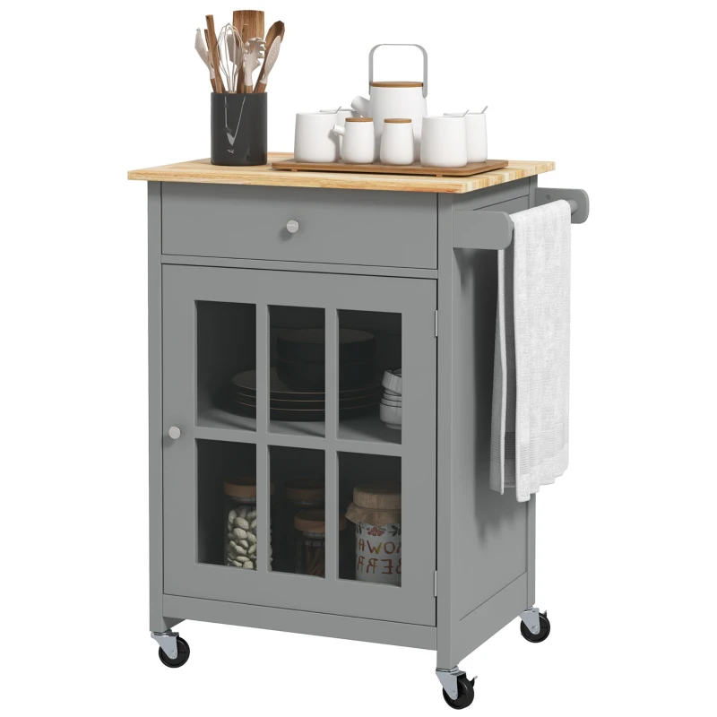 HOMCOM Rolling Kitchen Cart with Drawer and Glass Door Cabinet, Kitchen Island on Wheels with Towel Rack, Grey