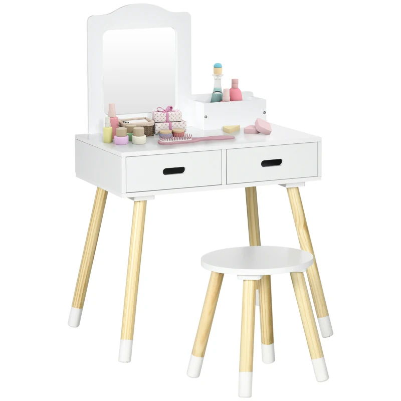 Qaba Kids Vanity Set with Mirror and Stool, Makeup Dressing Table with Drawers for Children Aged 3-6 Years, White