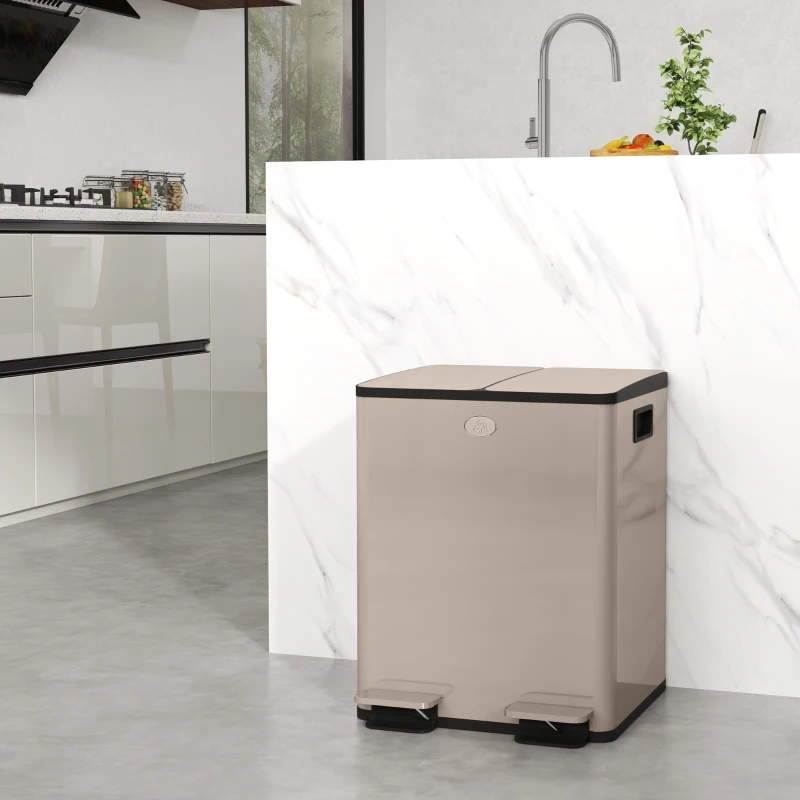 HOMCOM Dual Garbage Bin, Soft-Close Trash Can with Foot Pedal, 2 x 20 Liter Garbage Can with Removable Inner Buckets, Gold