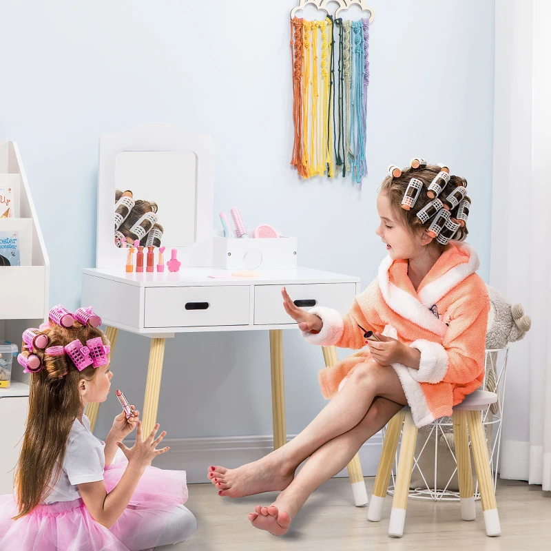 Qaba Kids Vanity Set with Mirror and Stool, Makeup Dressing Table with Drawers for Children Aged 3-6 Years, White