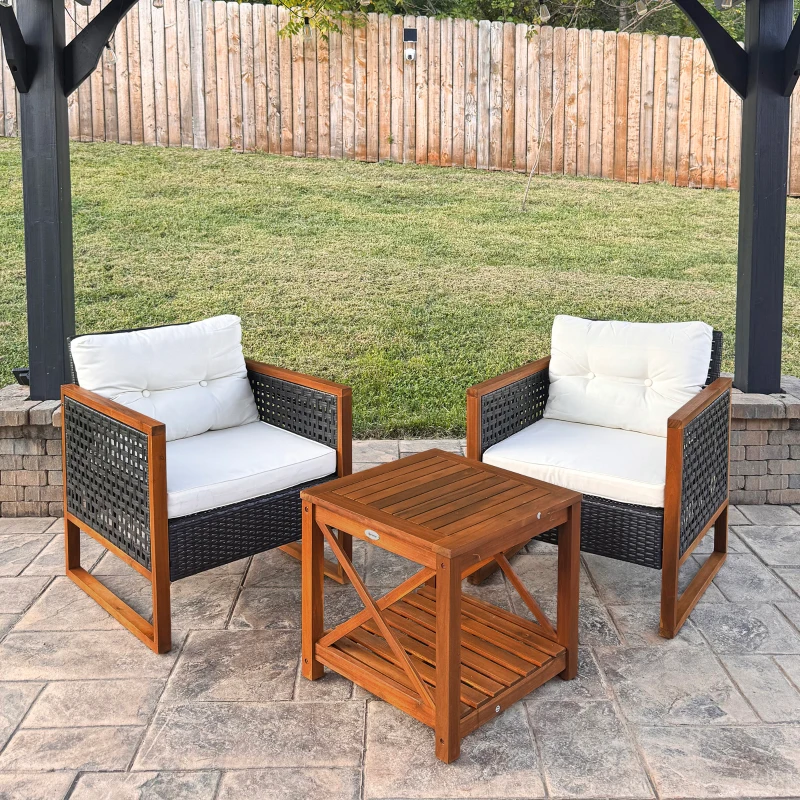 Outsunny Outdoor Bistro Set, Wicker Patio Furniture with Cushions for Porch, Backyard, Garden, Brown