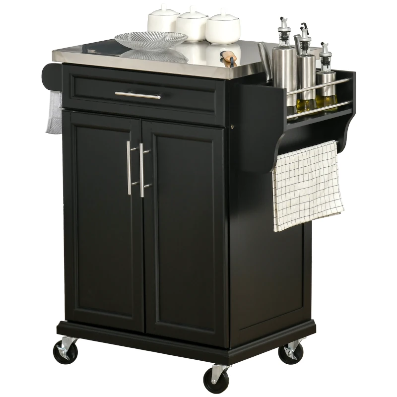 HOMCOM Kitchen Island on Wheels, Rolling Kitchen Cart with Stainless Steel Countertop, Drawer, Towel Rack and Spice Rack, Utility Storage Trolley, Black