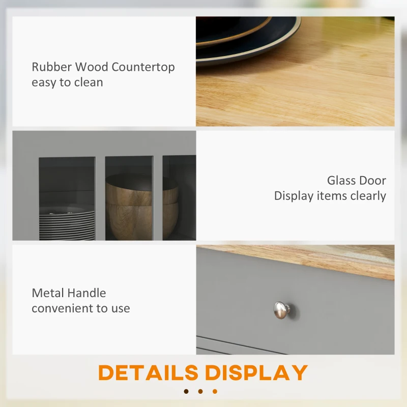 HOMCOM Rolling Kitchen Cart with Drawer and Glass Door Cabinet, Kitchen Island on Wheels with Towel Rack, Grey