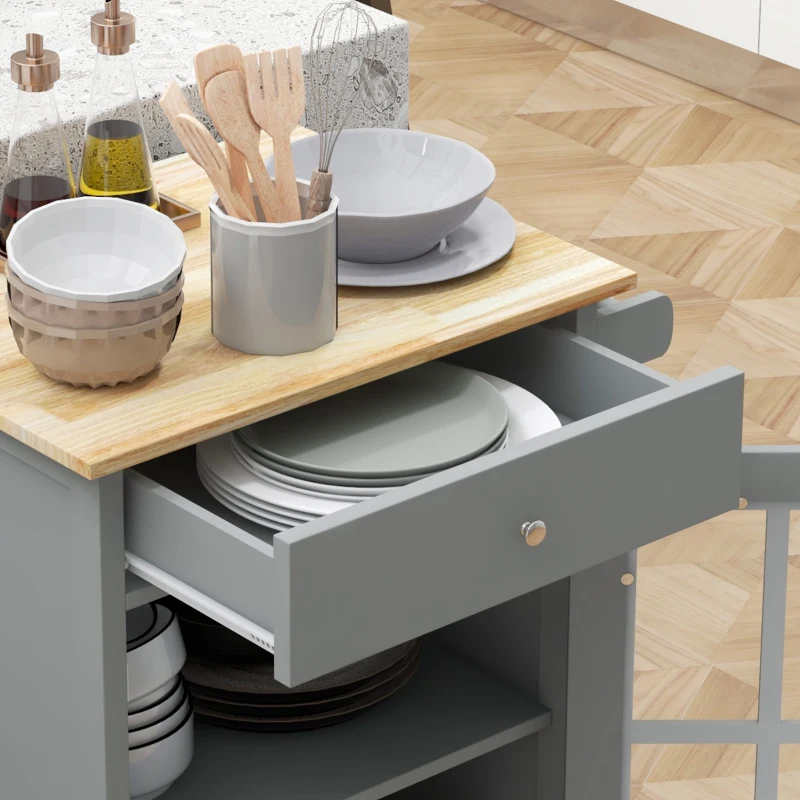 HOMCOM Rolling Kitchen Cart with Drawer and Glass Door Cabinet, Kitchen Island on Wheels with Towel Rack, Grey