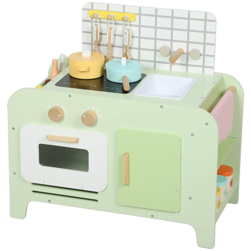 Qaba Kids Kitchen Playset with 15 Accessories, Microwave Oven, Cabinets, for Boys and Girls Ages 3+, Green