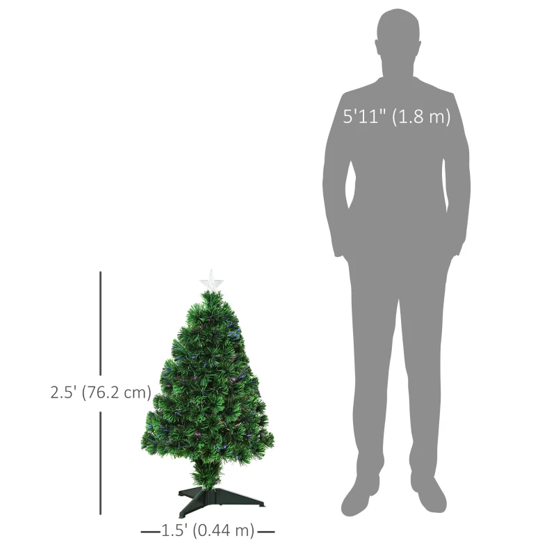 HOMCOM 2.5FT Prelit Artificial Tabletop Christmas Tree with Fibre Optics Holiday Home Xmas Decoration for Table and Desk Geen