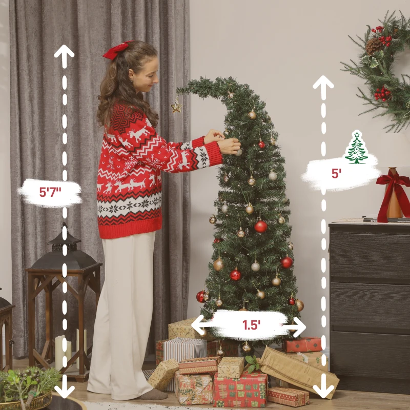 HOMCOM 5 ft Prelit Christmas Tree, Whimsical Xmas Tree Slim High Mountain Fir with 100 LEDs and Metal Stand, Green