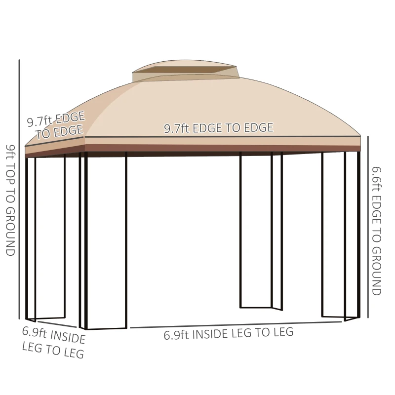 Outsunny 10' x 10' Patio Gazebo with Corner Shelves, Double Roof Outdoor Gazebo Canopy Shelter with Removable Mesh Netting, for Garden, Lawn, Backyard and Deck, Beige