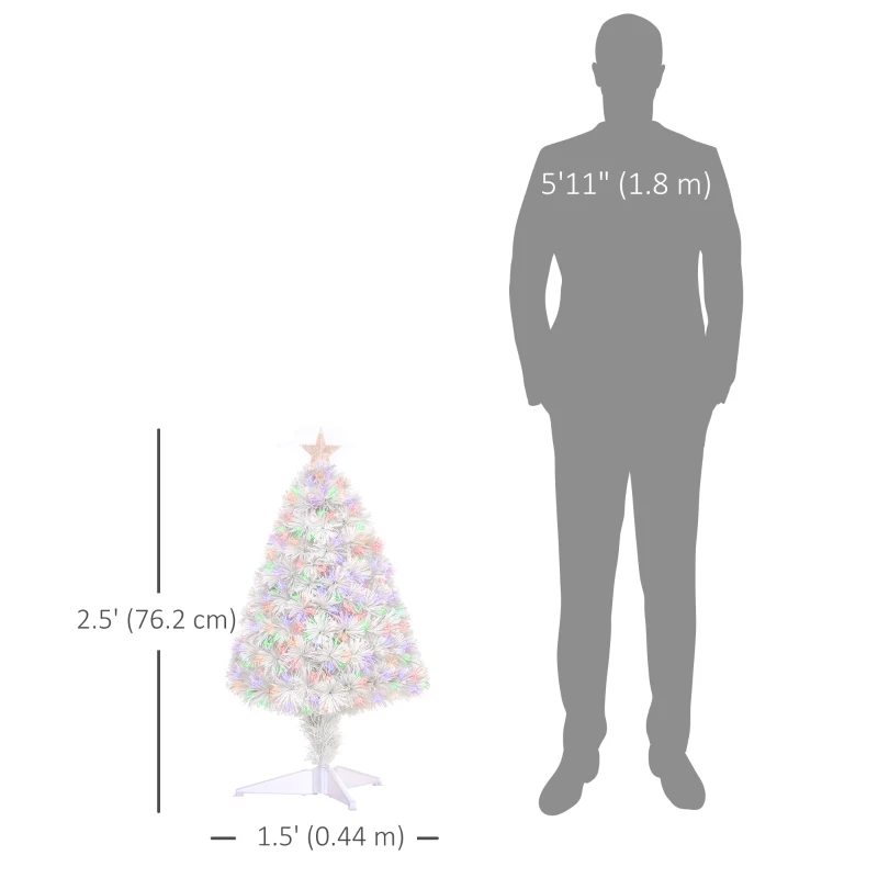 HOMCOM 2.5FT Prelit Artificial Tabletop Christmas Tree with Fibre Optics Holiday Home Xmas Decoration for Table and Desk White