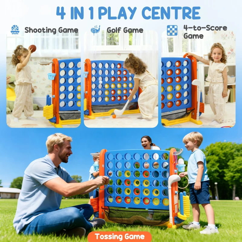 Qaba 4 in 1 Kids Jumbo Connect 4 Game Set with Basketball, Ring Toss, Golf, for Kids, Family, Indoor & Outdoor