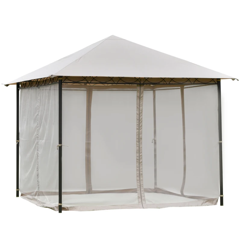 Outsunny 10' x 10' Gazebo Tent Shelter Art Steel Frame Flame-Retardant Fabric with Mosquito Netting for Party Dinner Beige