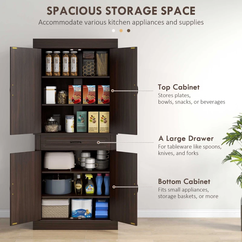 HOMCOM 71" Freestanding Kitchen Pantry with 4 Doors and 2 Cabinets, Tall Storage Cabinet for Kitchen, Distressed Coffee