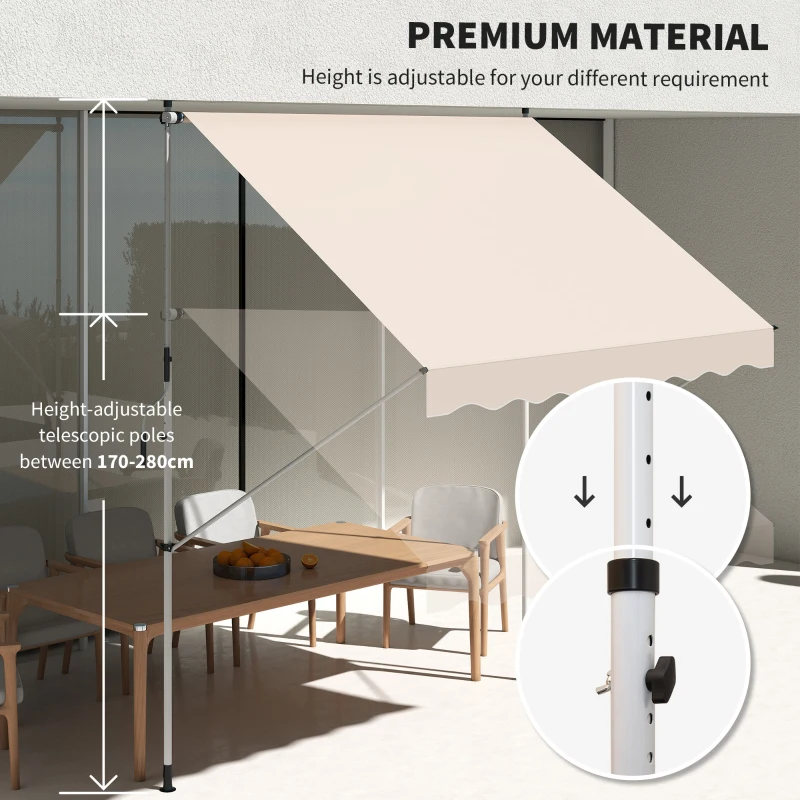Outsunny 10x5ft Manual Retractable Awning, Patio Sun Shade Canopy Shelter with 5.6-9.2ft Support Pole, Water Resistant UV Protector, for Window, Door, Porch, Deck, Beige