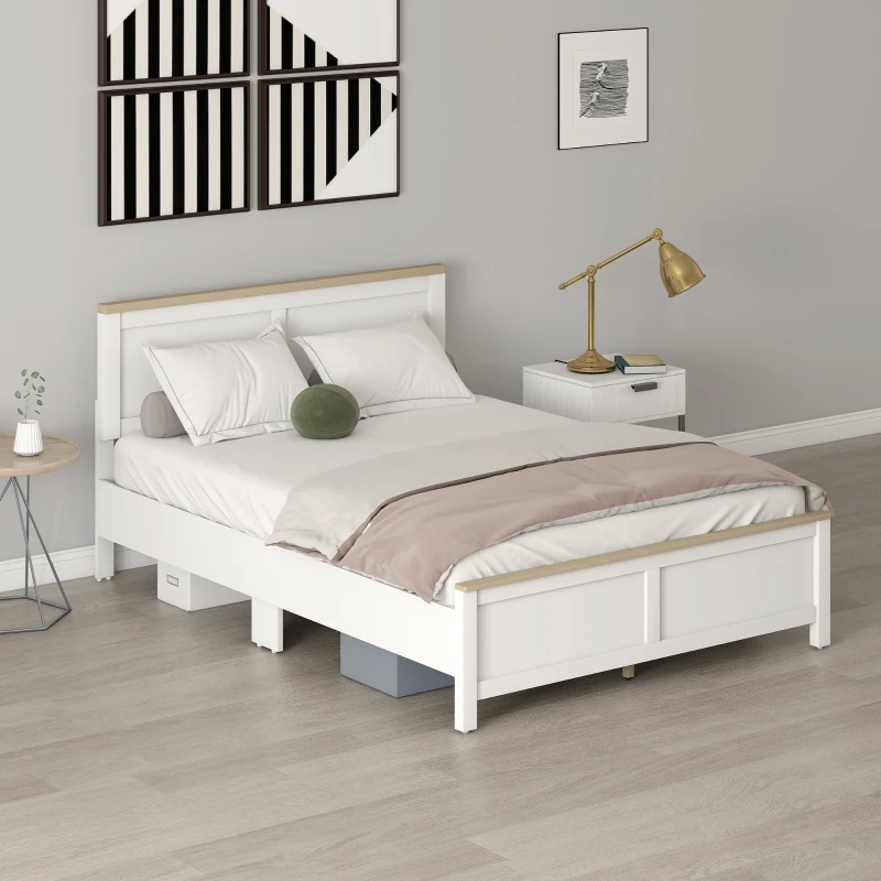 HOMCOM Full Bed Frame with Headboard, Modern Platform Bed Frame with Wooden Slats, No Box Spring Needed, Easy Assembly, White
