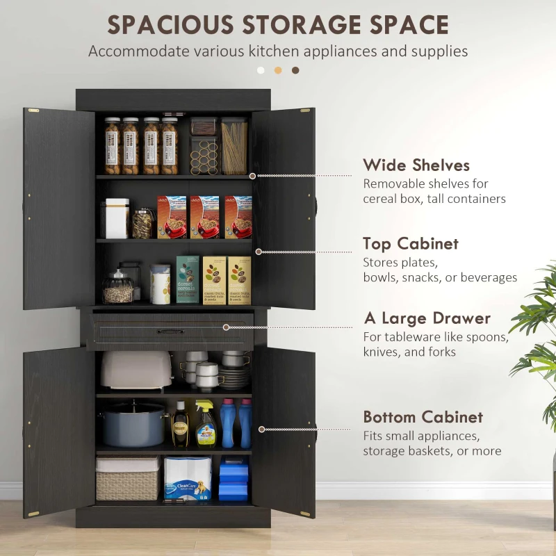 HOMCOM 71" Freestanding Kitchen Pantry with 4 Doors and 2 Cabinets, Tall Storage Cabinet for Kitchen, Distressed Black
