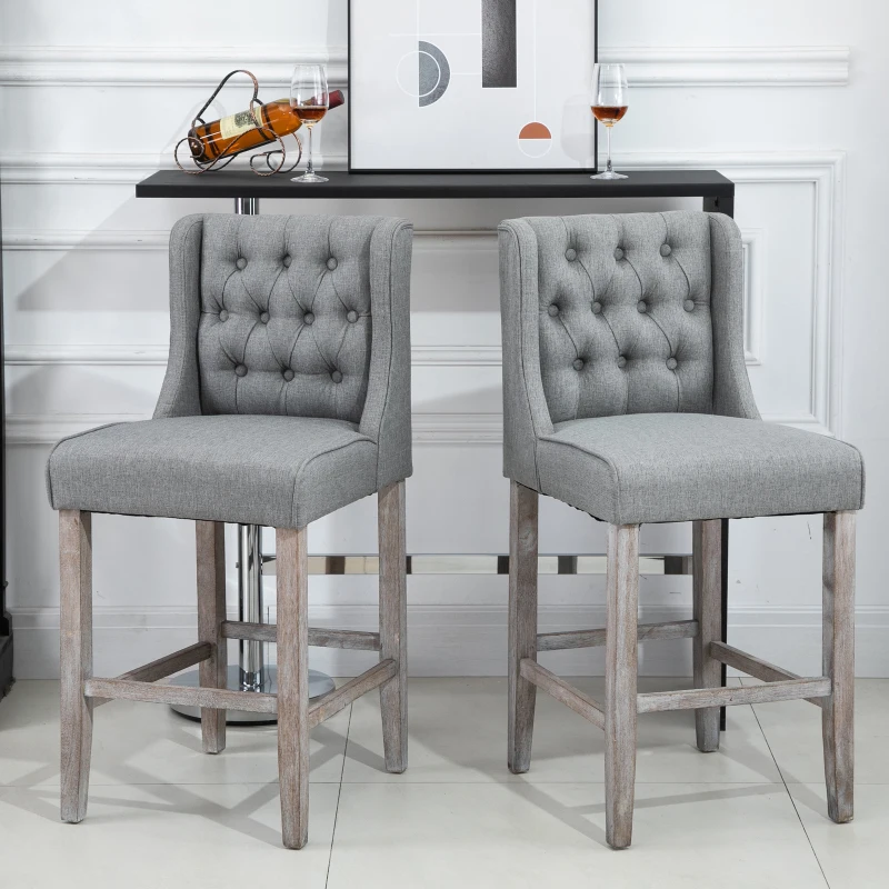 HOMCOM 26.25" Counter Height Bar Stools, Tufted Wingback Armless Upholstered Dining Chair with Rubber Wood Legs, Set of 2, Gray