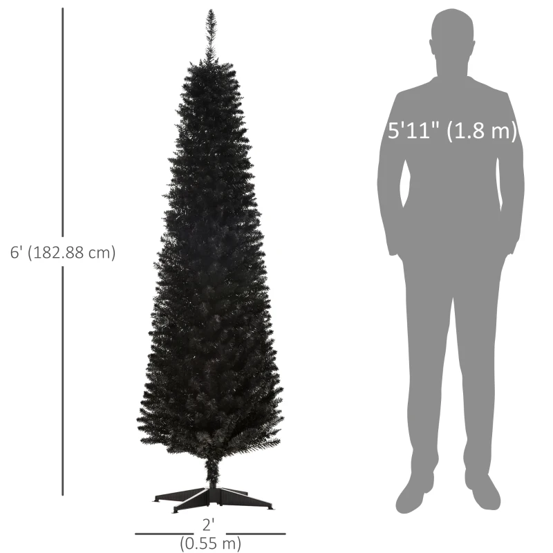 HOMCOM 6 Pencil Christmas Tree, Slim Artificial Xmas Tree with Realistic Branches, Sturdy Metal Stand, Black