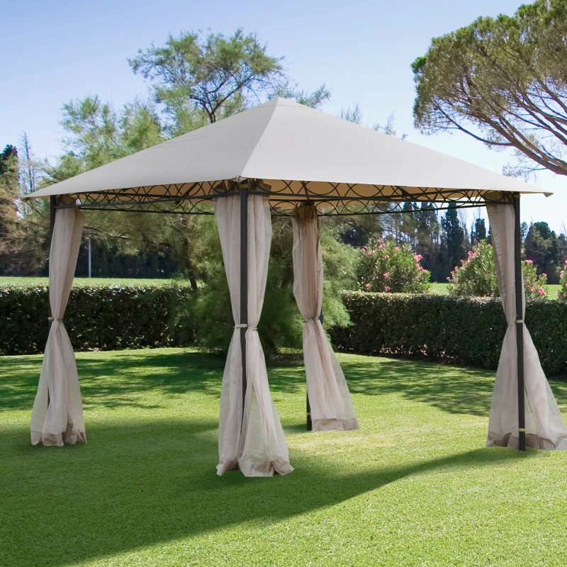 Outsunny 10' x 10' Gazebo Tent Shelter Art Steel Frame Flame-Retardant Fabric with Mosquito Netting for Party Dinner Beige