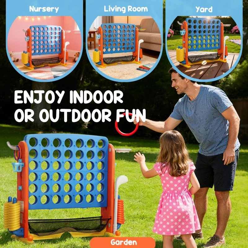 Qaba 4 in 1 Kids Jumbo Connect 4 Game Set with Basketball, Ring Toss, Golf, for Kids, Family, Indoor & Outdoor