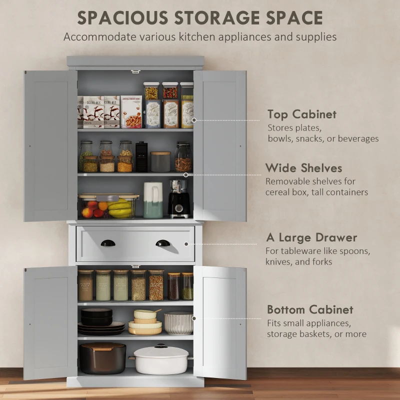 HOMCOM 72.5" Kitchen Cabinet, Pantry Storage Cabinet with Doors and Shelves, Freestanding Food Pantry Cabinet, Gray
