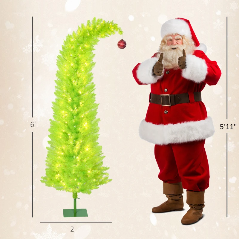 HOMCOM 6 ft Whimsical Christmas Tree, Pencil Xmas Tree with with Red Ball, Metal Base, Prelit with 230 LED Lights