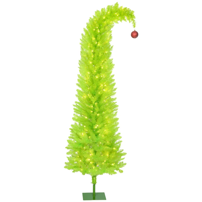 HOMCOM 7 ft Whimsical Christmas Tree, Pencil Xmas Tree with Red Ball, Metal Base, Prelit with 250 LED Lights