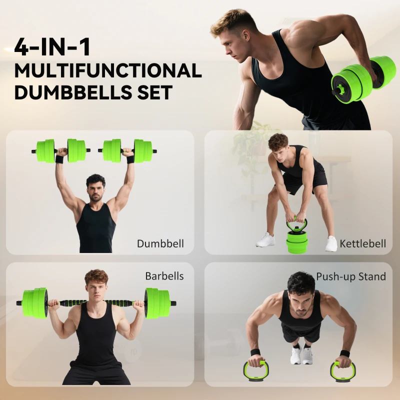 Soozier 66lbs 4-in-1 Adjustable Weight Dumbbell Set, Barbell, Kettlebell, Push Up Stand, Green