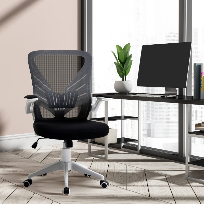 Vinsetto Mesh Office Chair Swivel Task Desk Chair with Lumbar Back Support, Flip-Up Arm, Adjustable Height for Home Office, Grey/Black