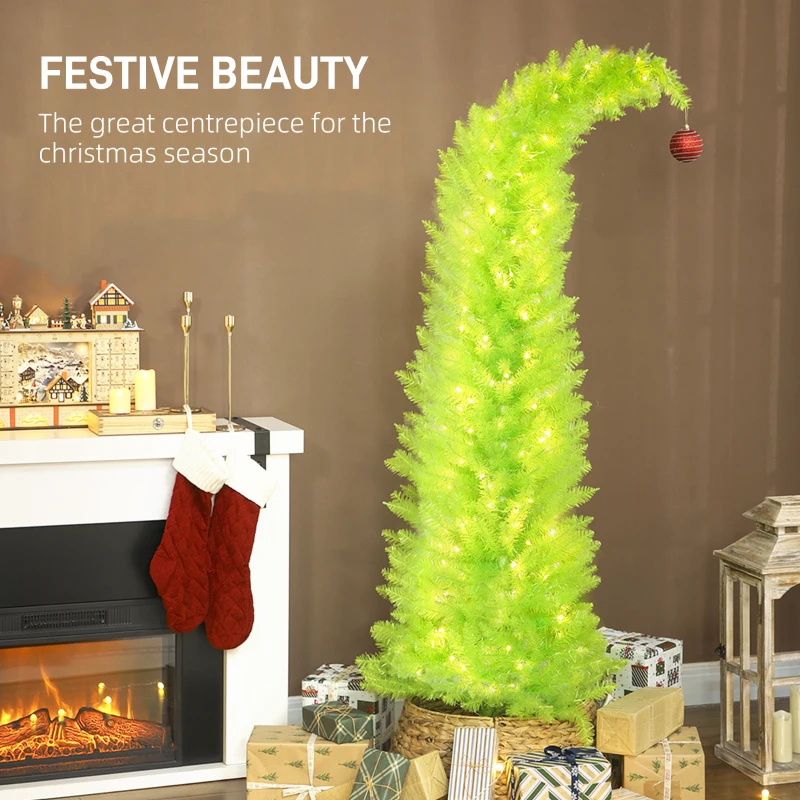 HOMCOM 6 ft Whimsical Christmas Tree, Pencil Xmas Tree with with Red Ball, Metal Base, Prelit with 230 LED Lights