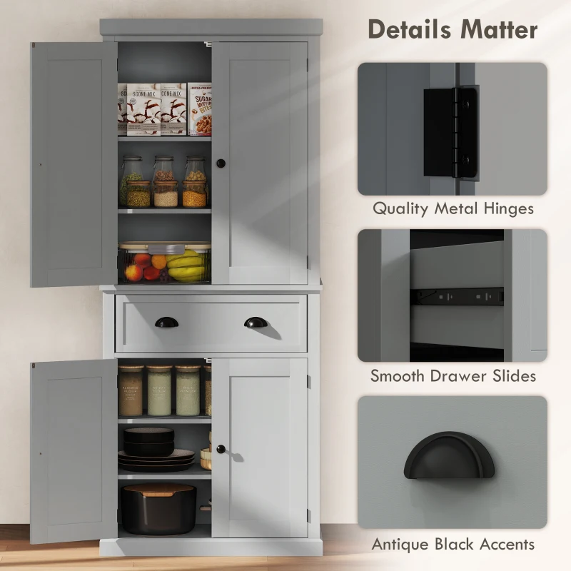 HOMCOM 72.5" Kitchen Cabinet, Pantry Storage Cabinet with Doors and Shelves, Freestanding Food Pantry Cabinet, Gray