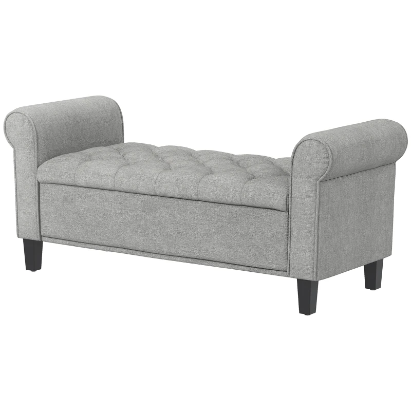 HOMCOM 50 Inches Storage Ottoman, End of Bed Bench with Rolled Arms, Wood Legs, Button Tufted Storage Bench, Gray