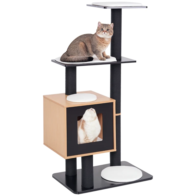 PawHut 47.2" Cat Tree, Kitten Scratcher, Activity Center, Play House with Condo Sisal, Scratching Post, and Mat, Black