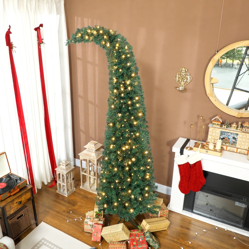 HOMCOM 7 ft Prelit Christmas Tree, Whimsical Xmas Tree Slim High Mountain Fir with 300 LEDs and Metal Stand, Green