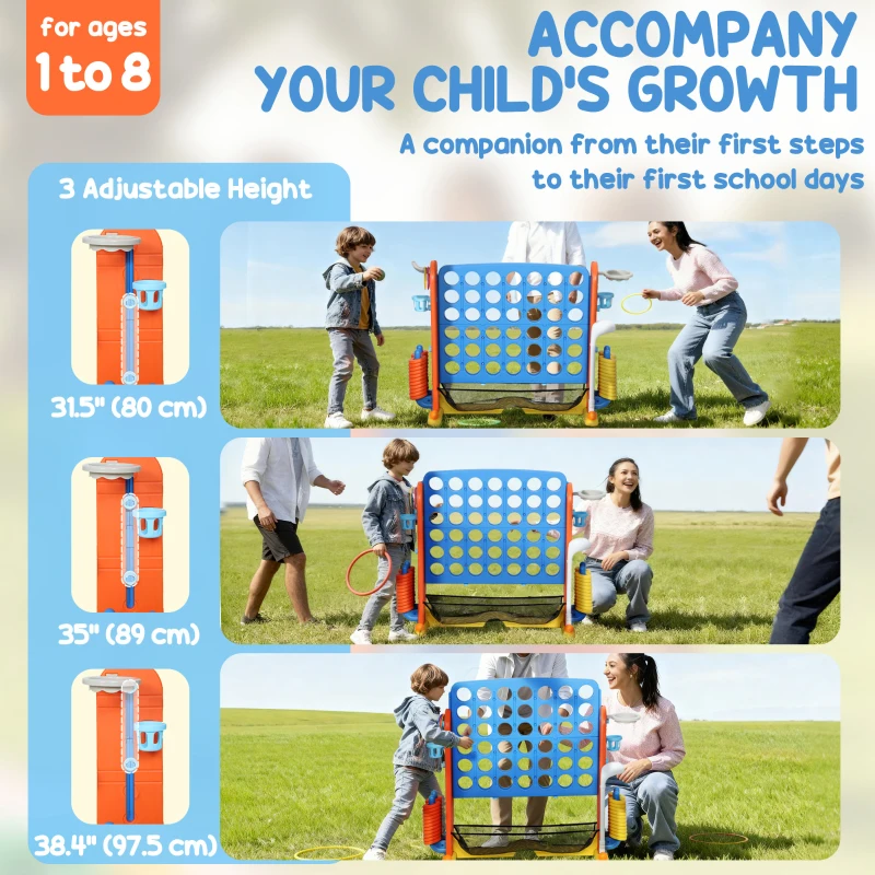 Qaba 4 in 1 Kids Jumbo Connect 4 Game Set with Basketball, Ring Toss, Golf, for Kids, Family, Indoor & Outdoor