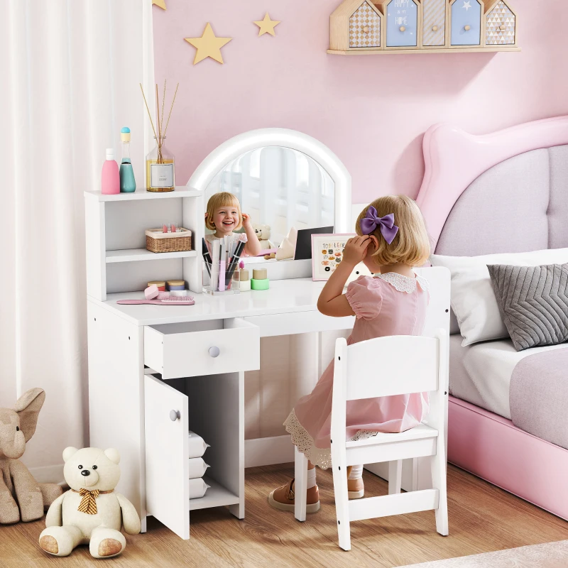 Qaba Kids Vanity Set, Toddler Dressing Table and Chair Set with Lighted Mirror, Cabinet, Drawer and Shelves, White