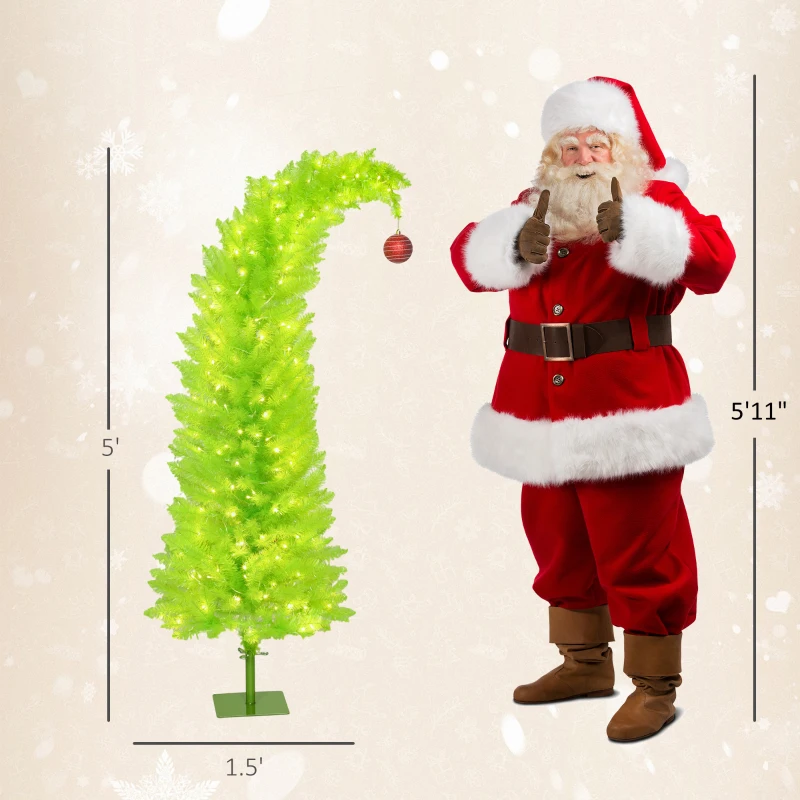 HOMCOM 5 ft Whimsical Christmas Tree, Pencil Xmas Tree with Red Ball, Metal Base, Prelit with 200 LED Lights