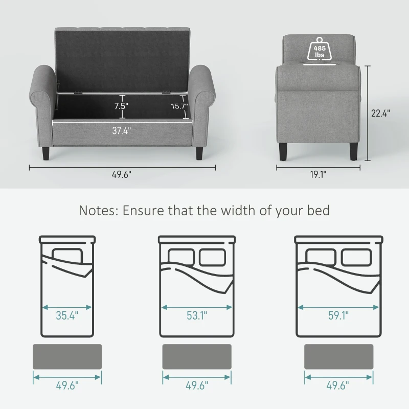 HOMCOM 50 Inches Storage Ottoman, End of Bed Bench with Rolled Arms, Wood Legs, Button Tufted Storage Bench, Gray