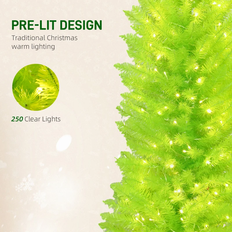 HOMCOM 7 ft Whimsical Christmas Tree, Pencil Xmas Tree with Red Ball, Metal Base, Prelit with 250 LED Lights