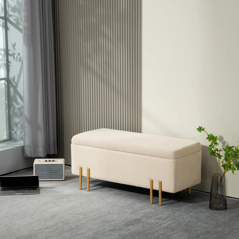 HOMCOM Storage Ottoman Bench, Flip-Top Bedroom Bench, 18.5 Gallons, Modern Velvet Storage Chest with Metal Legs, Beige
