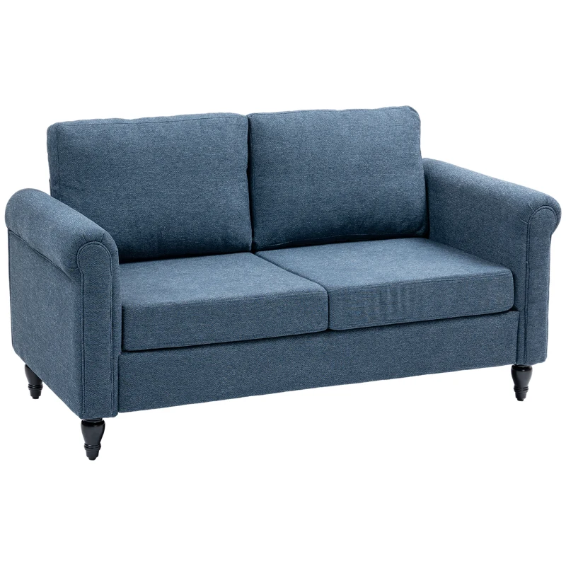 HOMCOM Vintage Loveseat, Upholstered Love Seat Furniture, Fabric 2 Seater Sofa with Rolled Arms, Rubber Wood Legs, Dark Blue