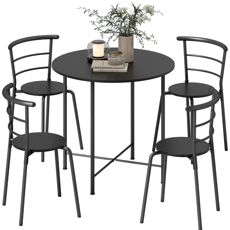 HOMCOM 5 Piece Dining Table Set, Space Saving Round Dining Set for 4 with Metal Frame for Small Spaces, Black Wood Grain