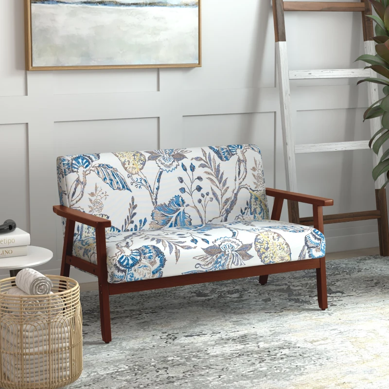 HOMCOM Compact Loveseat Sofa Couch Linen Fabric Double Seat Sofa with Rubber Wood Legs Multicolour