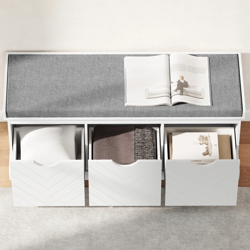 HOMCOM Shoe Storage Bench, Linen-Look Entryway Bench with 3 Removable Drawers and Padded Seat Cushion for Hallway, White