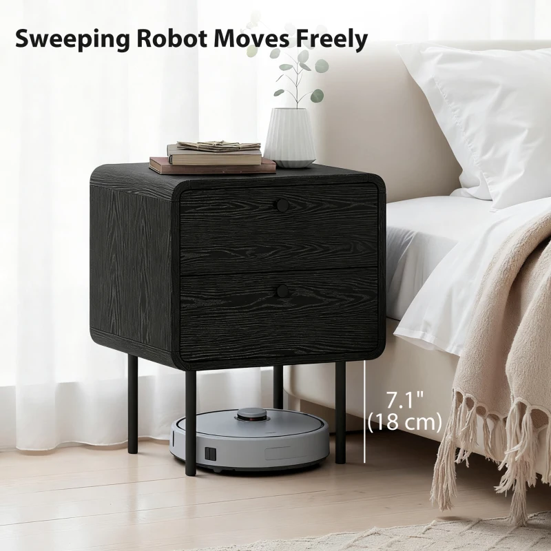HOMCOM Modern Bedside Tables Set of 2, 2 Pieces Nightstands with 2 Storage Drawers and Steel Legs for Bedroom, Black Wood Grain