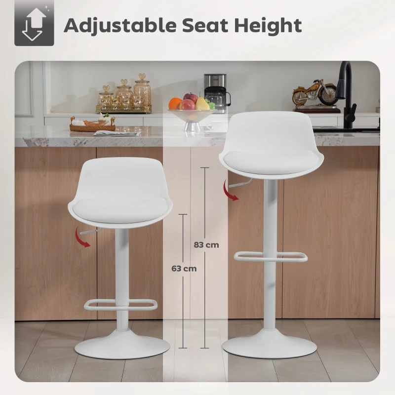 HOMCOM Counter Height Bar Stools Set of 2, Streamlined Bar Chairs with Adjustable Height and Swivel PU Leather Seat, White