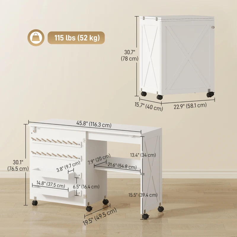 HOMCOM Sewing Machine Table on Wheels, Folding Craft Table with 2 Bins, Storage Shelf, 18 Pegs, Lockable Wheels, White