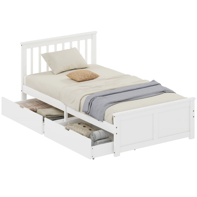 HOMCOM Pine Twin Bed Frame, Wood Storage Bed Frame with Drawers, Wood Slat Support, No Box Spring Needed, Easy Assembly, White