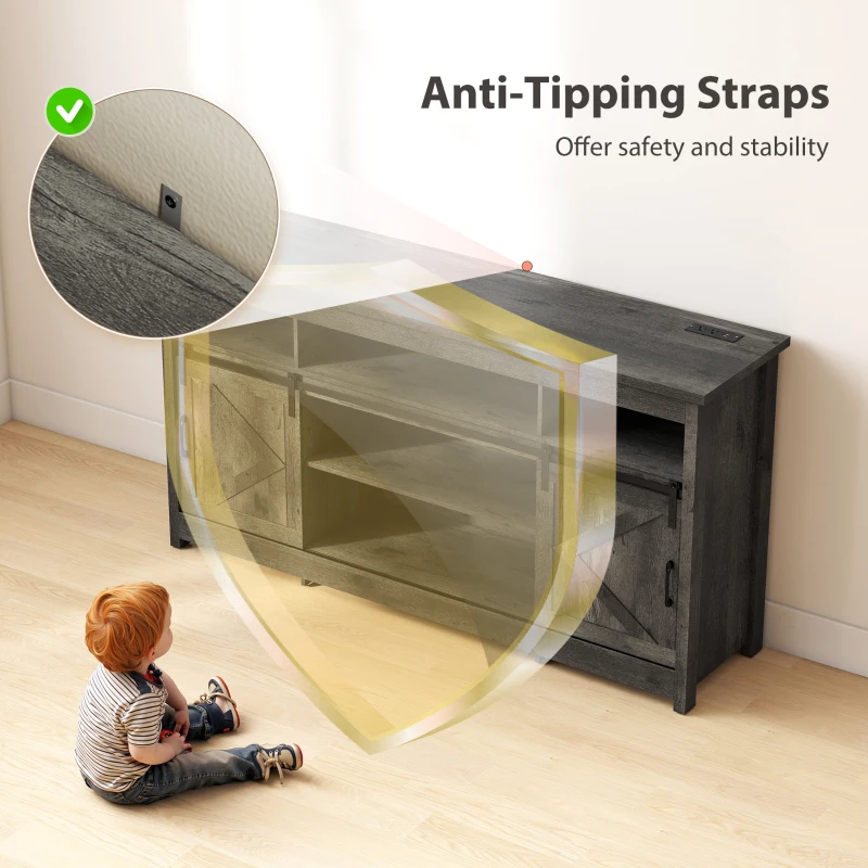 HOMCOM TV Stand with Power Outlets, Sliding Barn Doors and Adjustable Shelves for 72 Inch TVs, Dark Grey