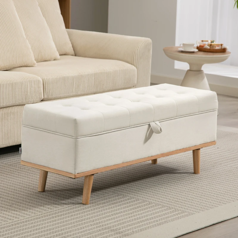 HOMCOM Storage Ottoman Bench, Foot Rest with Lift-Up Lid and Wood Legs, Linen Storage Chest for Living Room, Cream White